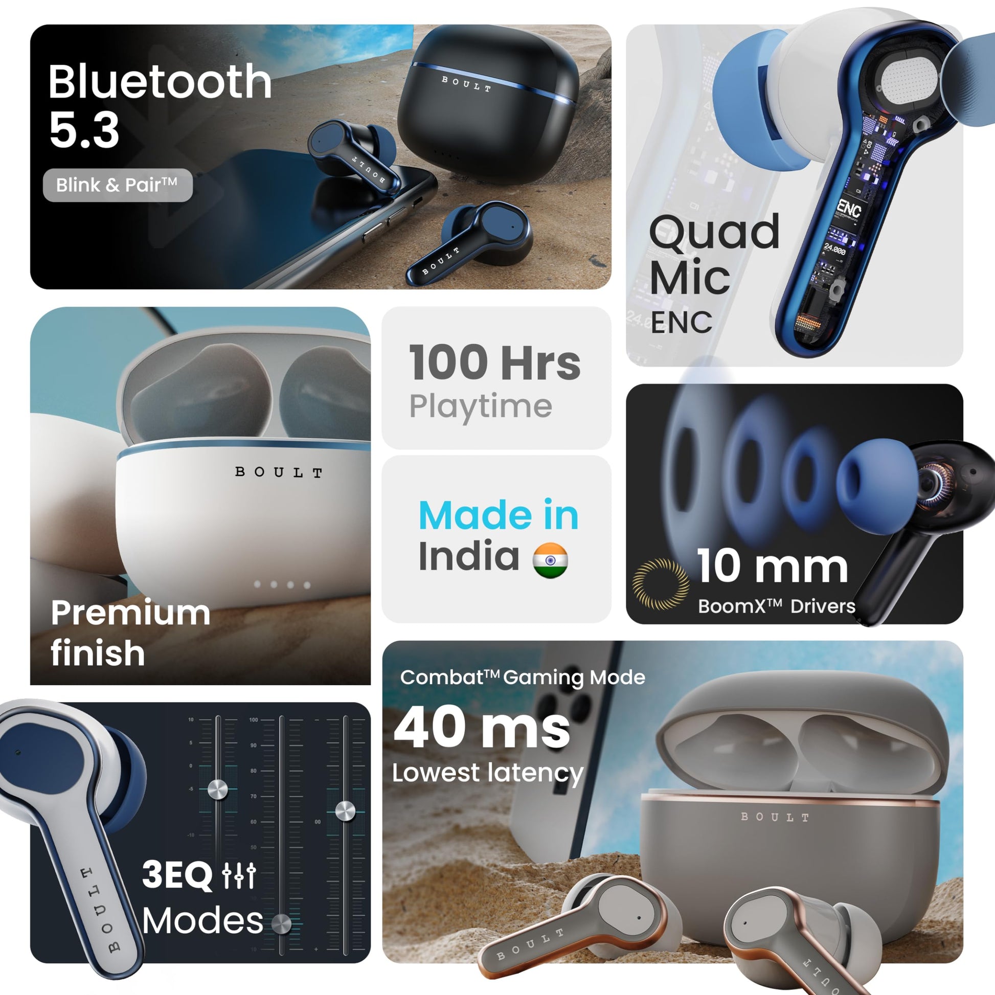 Boult Audio Curve Buds Pro with 100H Playtime, 4 Mics Clear Calling, 40ms Low Latency Gaming, Made in India, Equalizer Modes, Bluetooth 5.3 Blink & Pair™ True Wireless in Ear Earbuds (Nautical Black)