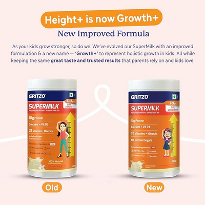 Gritzo SuperMilk Height+ (7-12y Girls), 10g Protein (Creamy Vanilla)