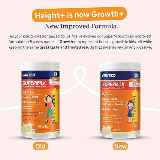 Gritzo SuperMilk Height+ (7-12y Girls), 10g Protein (Creamy Vanilla)