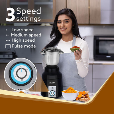AGARO Grand Commercial Mixer Grinder 1400W, Heavy Duty, 100% Pure Copper Motor, Stainless Steel Jar, 3 Speed with Incher, Stainless Steel Blades, Wet & Dry Grinding, Black & Grey