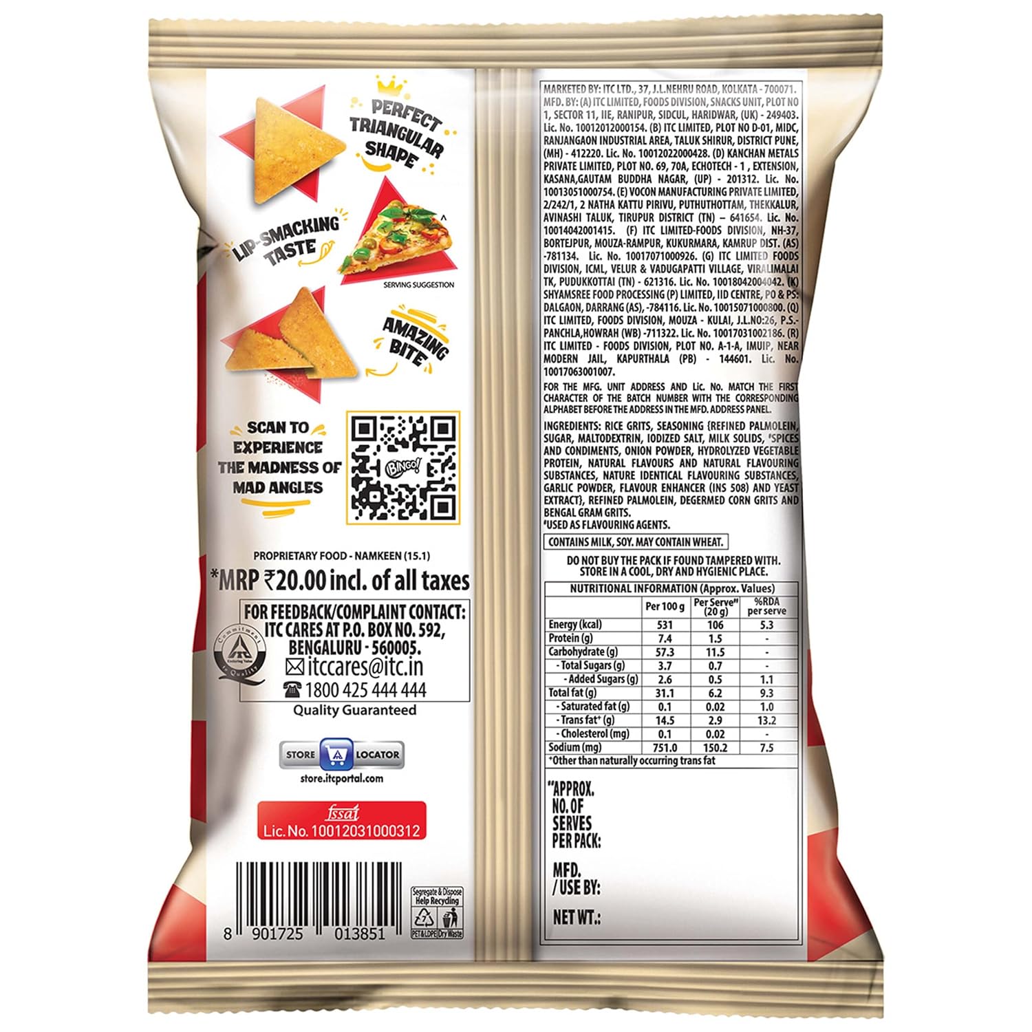 Bingo! Mad Angles Pizza Flavour, Corn-Based Crunchy Chips Perfect for Snacking 66g