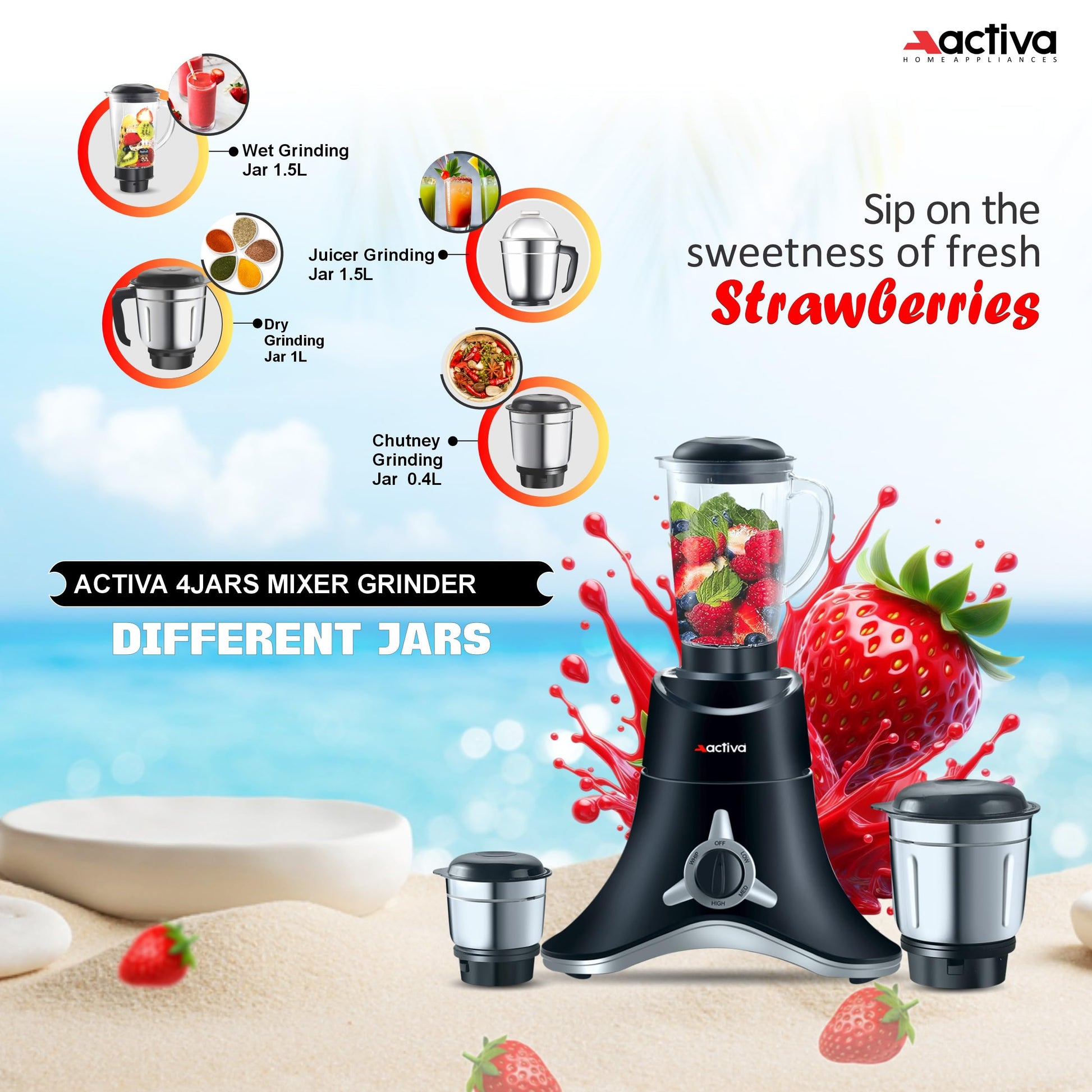 ACTIVA ABS Super Chef 900 Watts Powerful Motor Mixer Grinder With 4 Jars | 2 Years Motor, Black