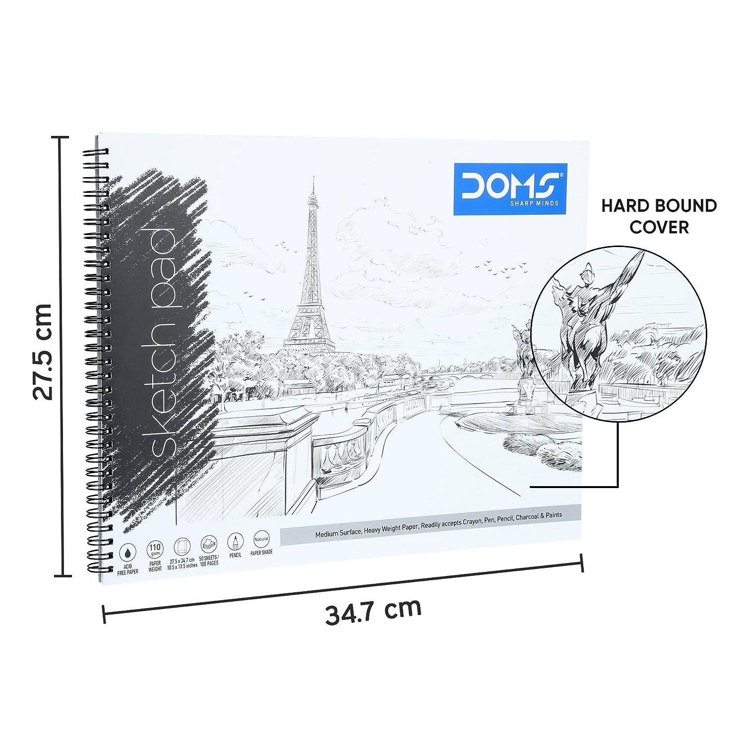 DOMS Wiro Binding Notebook | Sketch Pad | Plain | 110GSM | 50 Pages | 27.5 x 34.7 cm | Pack of 1 | for School, College and Office Use