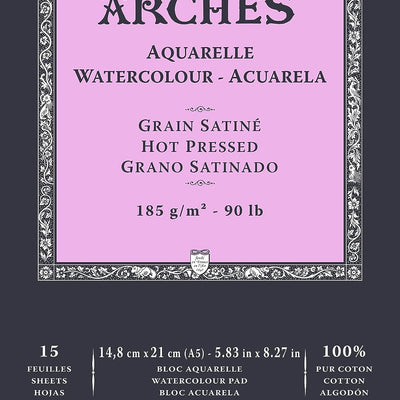 Arches Watercolour 185 GSM Hot Pressed Natural White A5 cm Paper Pad, 15 Sheets