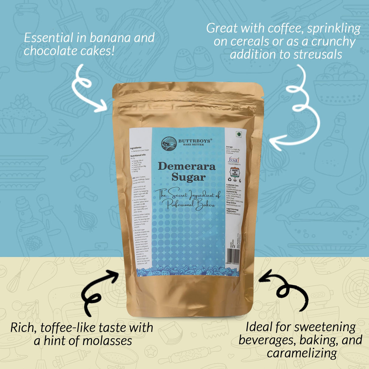 ButtrBoys Demerara SugarNatural Brown Sugar, Healthy & Wholesome | Powdered Brown Sugar for Baking, Tea, & Coffee, 500 Grams