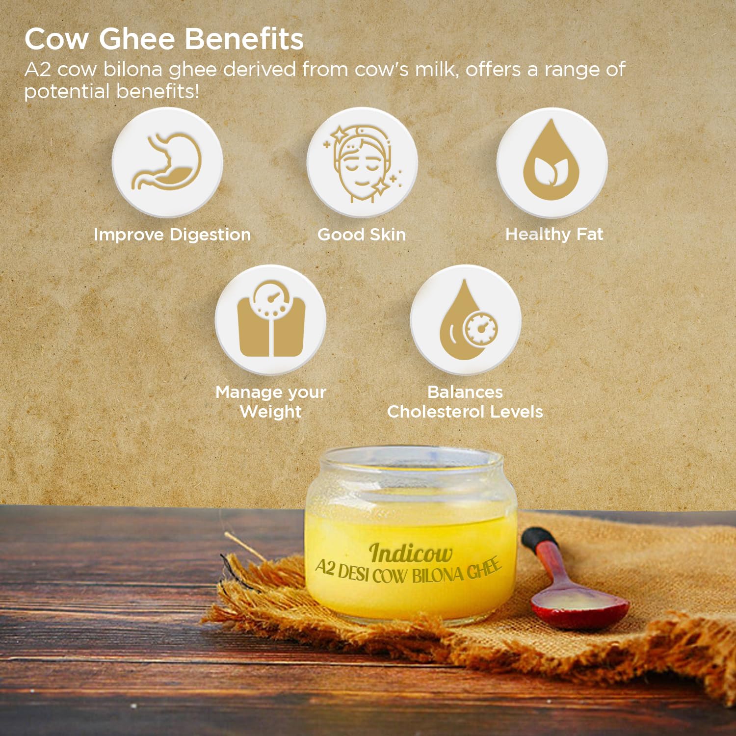 Indicow Organic Dairy Foods Pure Authentic A2 Ghee (500millilitre, Kankrej) | Grass Fed, Hand Churned, 100% Pure and Preservative Free