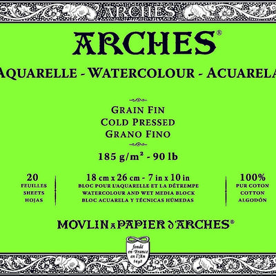 Arches Watercolour 185 GSM Cold Pressed Natural White 18 x 26 cm Paper Blocks, 20 Sheets