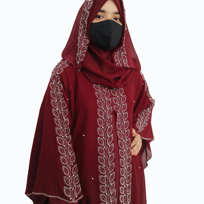 BURAQUE DESIGNER Nida fabric Free Size Muslim Burqa/Abaya & Burkha Dress for Muslim women and Girl's (F01-Maroon Leaf-Burkha)