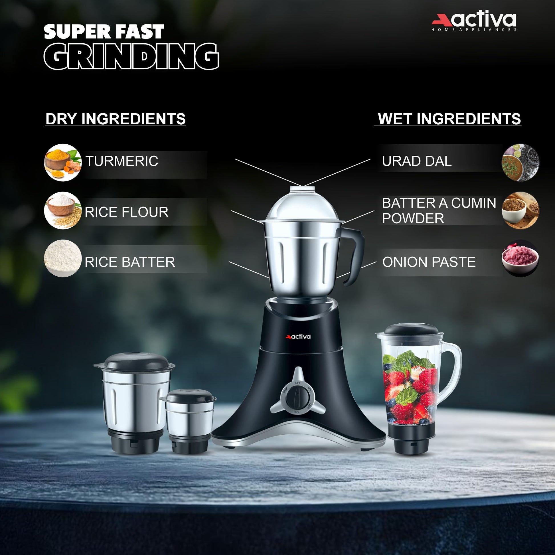 ACTIVA ABS Super Chef 900 Watts Powerful Motor Mixer Grinder With 4 Jars | 2 Years Motor, Black