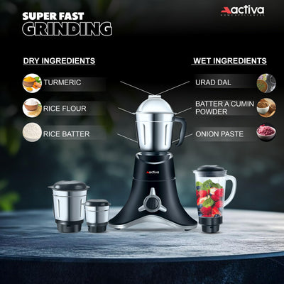 ACTIVA ABS Super Chef 900 Watts Powerful Motor Mixer Grinder With 4 Jars | 2 Years Motor, Black