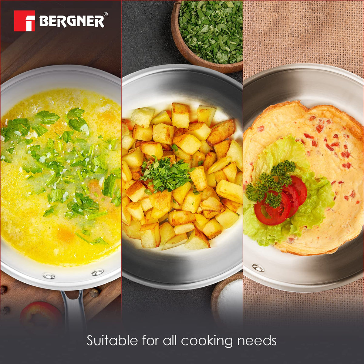 BERGNER Argent TriPly 20 cm Frypan/Steel Pan, Scratch Resistant, for Spice Tempering/Seasoning, Stay Cool Long Handle, Mirror Finish, Induction Ready, 5-Year Warranty by Bergner
