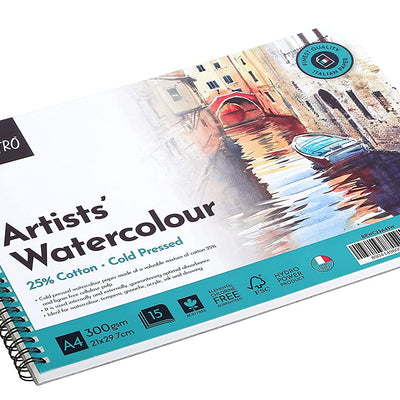 BRUSTRO Artist Watercolour Pad 25% Cotton 300 GSM A4 Wiro - 15 Sheets