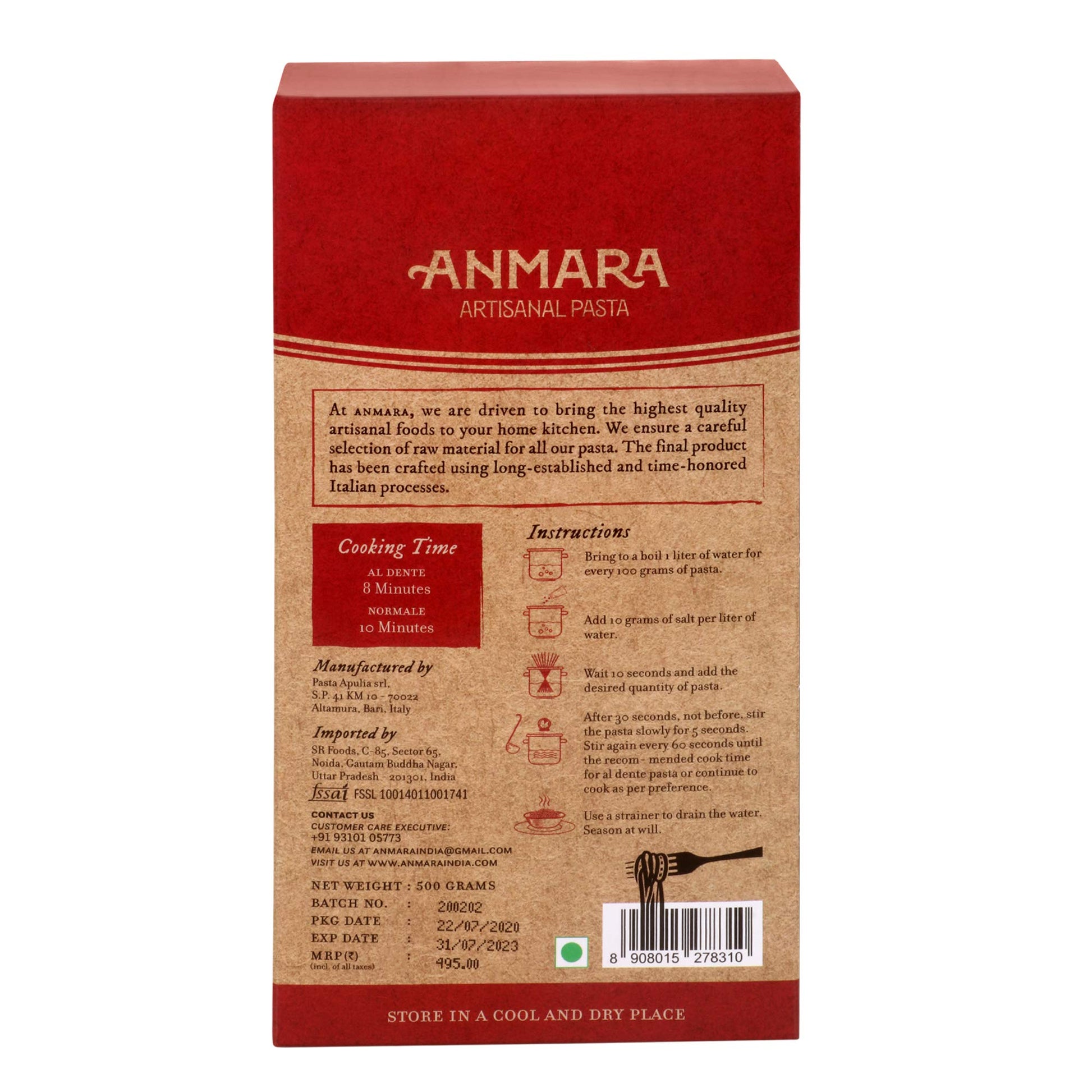 Anmara Artisanal Pasta, Organic Caserecce, Hard Durum Wheat, 500 g