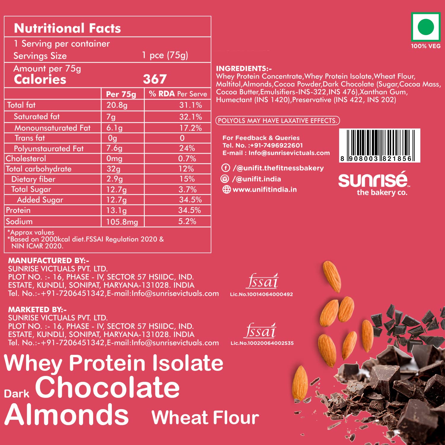 UNIFIT Delicious Ready to Eat Brownie With Almond Toppings & Rich Source of Protein & High Fiber Sugar Added | brownie cake | fudge | chocolate – 300gm (Almond)