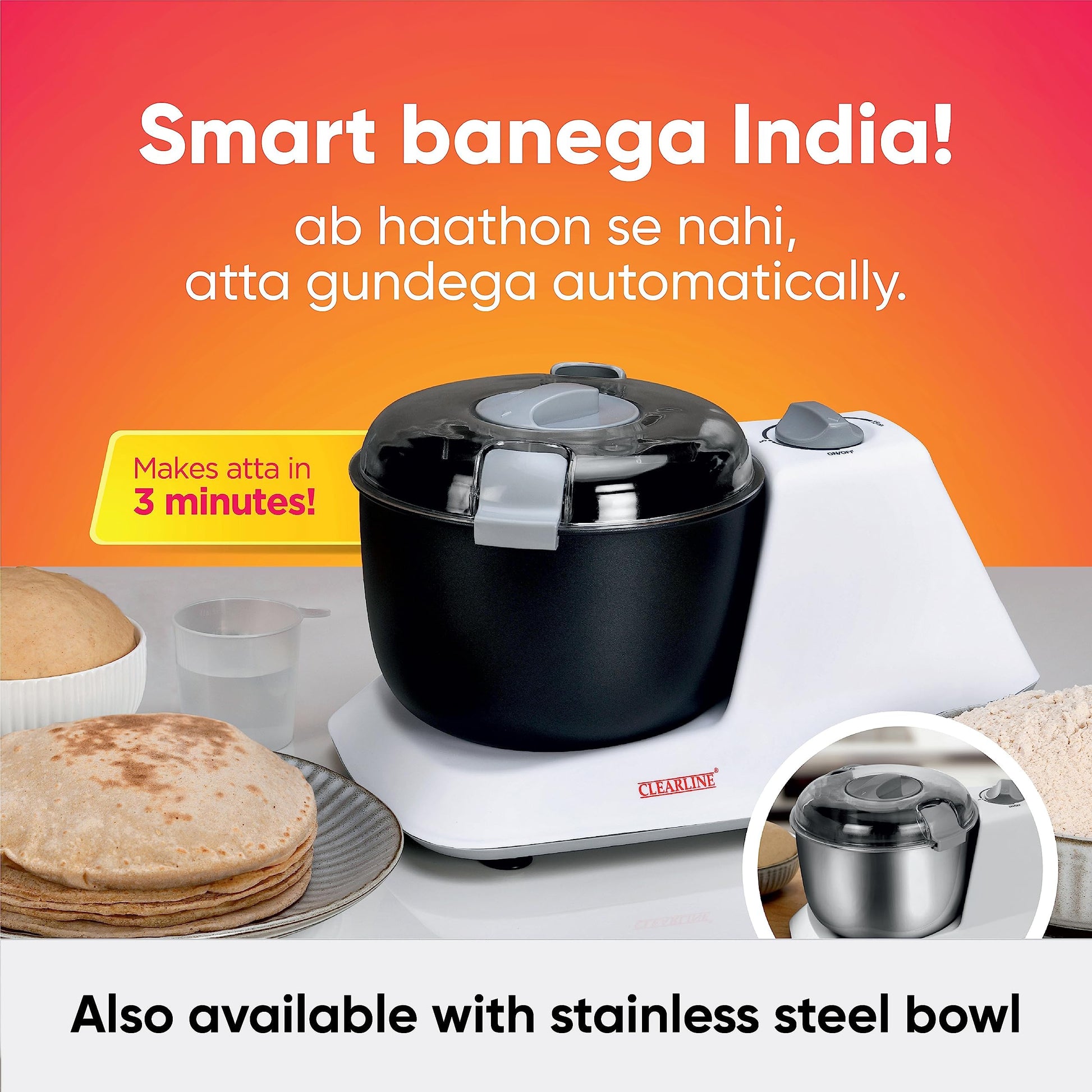 Clearline Automatic Electric Atta Kneader Dough Maker With Non Stick Bowl, Smart Atta Kneader Mixer and Dough Kneader Machine, Dough Mixer Machine 650 with Watts Power, White
