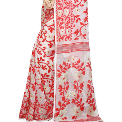 BENGAL HANDLOOM Exclusive Women's Cotton Silk Dhakai Allover Soft Jamdani Sarees (White & Red)