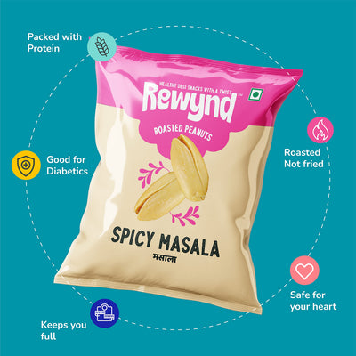 Rewynd Roasted Spicy Masala Peanuts|Pack of 4 (4 x 140g) |Roasted Flavoured Peanuts | High Protien & Low Carbs| Roasted Not Fried | 100% Veg. | Healthy Snack for Anytime Snacking