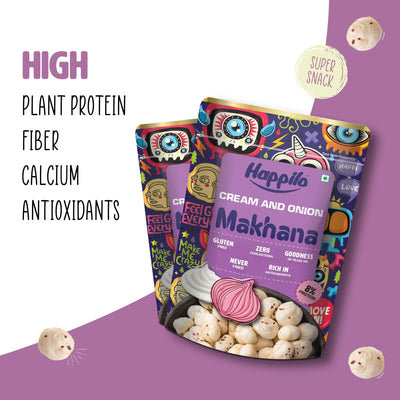 Happilo Premium Super Snack Makhana Cream & Onion 60g (Pack Of 3), Roasted Foxnut Healthy Snack Low Calorie Gluten Free and Vegan