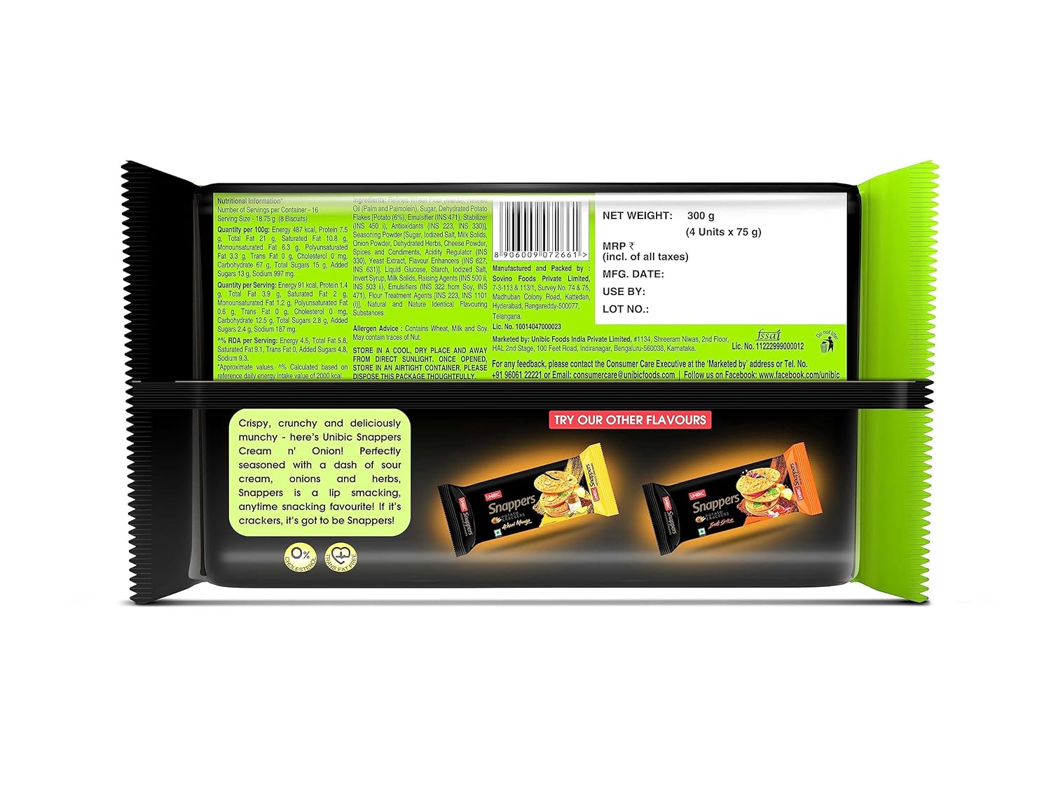 UNIBIC Foods Snappers Potato Crackers - Cream & Onion - 300 GMS