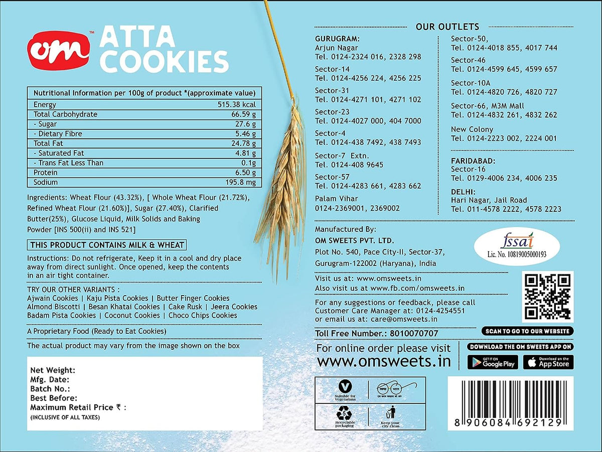 Om Sweets and Snacks Atta Cookies | No added colours or preservatives | Fresh Products | Ready to eat | Finest snack | Tea time 350G
