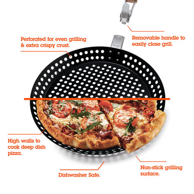 Camerons Products Non-Stick Pizza Grilling Pan with Holes, Extra High Walls & Removable Handle - Use for Vegetables, Seafood, Shish Kebab.