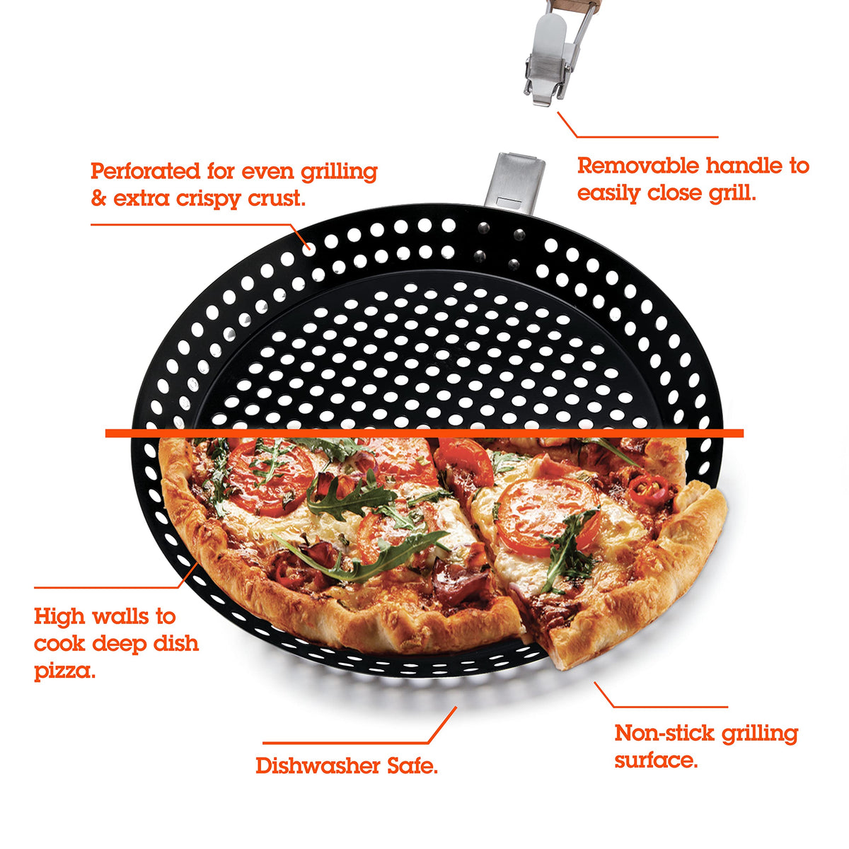Camerons Products Non-Stick Pizza Grilling Pan with Holes, Extra High Walls & Removable Handle - Use for Vegetables, Seafood, Shish Kebab.