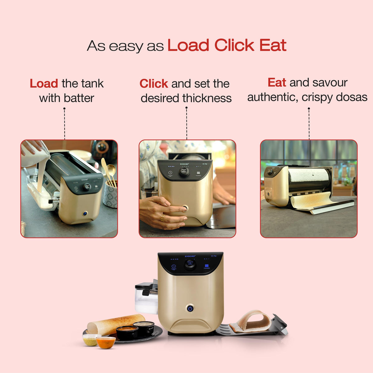 EVOCHEF EC Flip Automatic Dosa Maker, 1-Minute Dosas, 360° Food Grade Coated Roller, Easy Cooking Time & Thickness Control, Touch Controls, Compact & Portable, 1600W, 1 Year Warranty, Metallic Orange