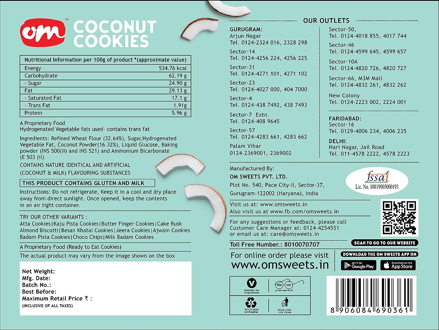 Om Sweets and Snacks Coconut Cookies | No added colours or preservatives | Fresh Products | Ready to eat | snack | Tea time snacks 350G