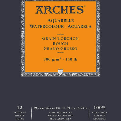 Arches Watercolour 300 GSM Rough Natural White A3 Paper Pad, 12 Sheets