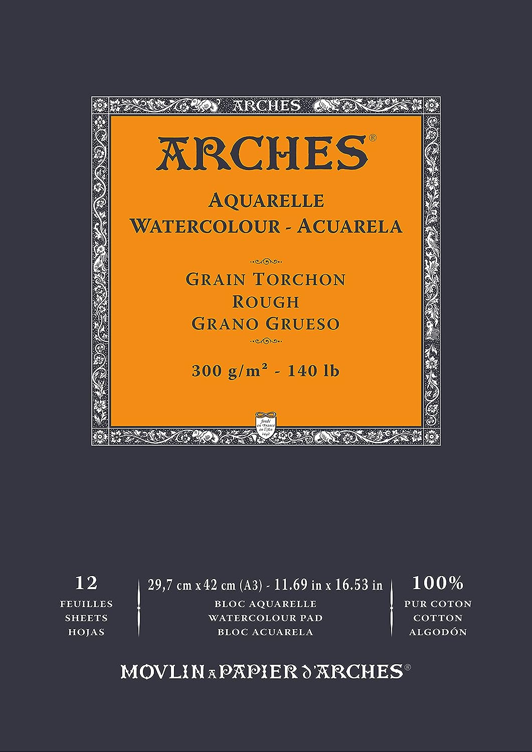 Arches Watercolour 300 GSM Rough Natural White A3 Paper Pad, 12 Sheets