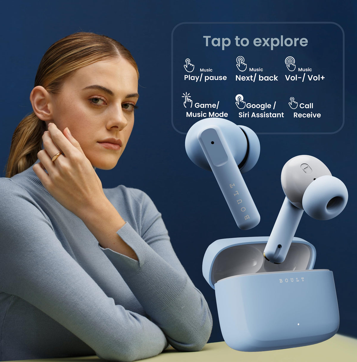 Boult Audio Z60 Truly Wireless in Ear Earbuds with 60H Playtime, 4 Mics ENC Clear Calling, 50ms Low Latency Gaming, 13mm Bass Driver, Type-C Fast Charging, IPX5 ear buds TWS Bluetooth 5.3(Powder Blue)