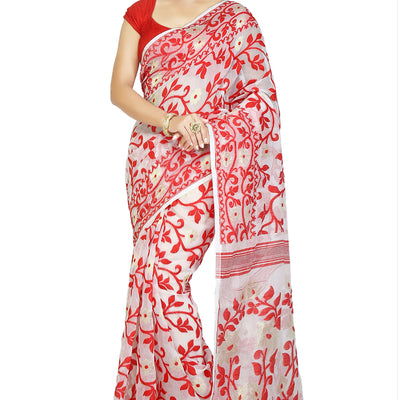 BENGAL HANDLOOM Exclusive Women's Cotton Silk Dhakai Allover Soft Jamdani Sarees (White & Red)