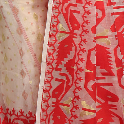 BENGAL HANDLOOM Women'S Cotton Silk Softs Dhakai Jamdani Sarees (White & Red)
