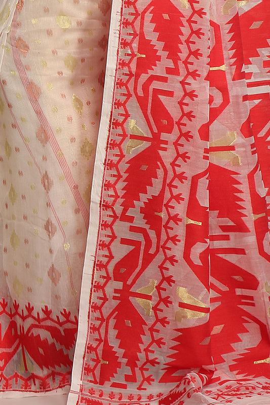 BENGAL HANDLOOM Women'S Cotton Silk Softs Dhakai Jamdani Sarees (White & Red)