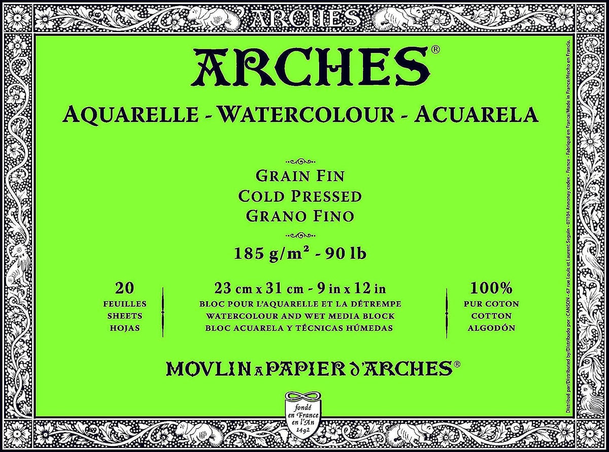 Arches Watercolour 185 GSM Cold Pressed Natural White 23 x 31 cm Paper Blocks, 20 Sheets