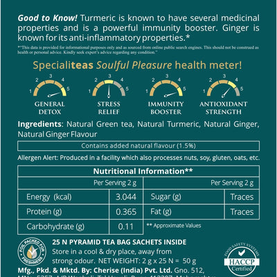 Cherise Specialiteas Soulful Pleasure Turmeric Ginger Herbal Green Tea (2 g x 25 Pyramid Tea Bags)