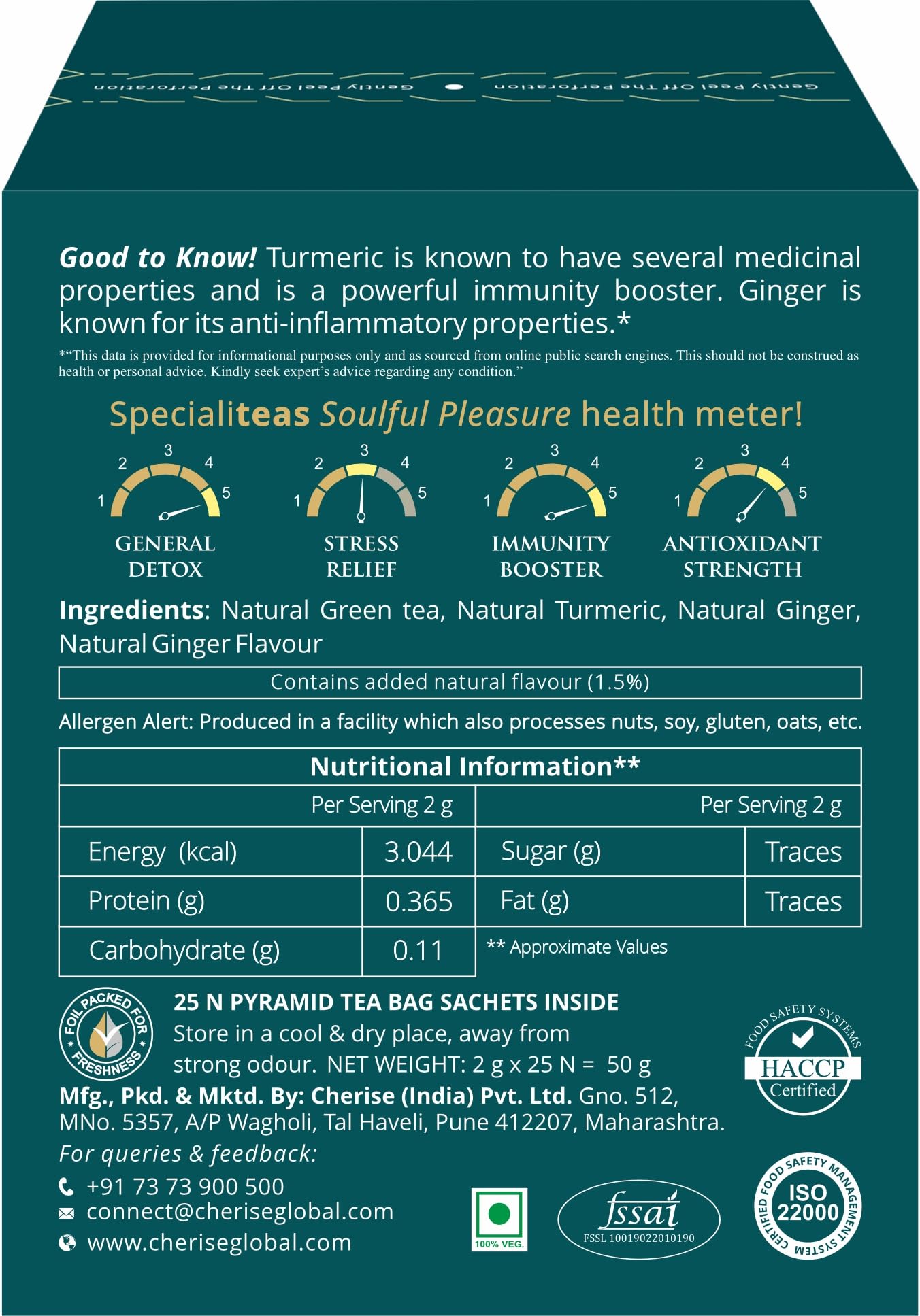 Cherise Specialiteas Soulful Pleasure Turmeric Ginger Herbal Green Tea (2 g x 25 Pyramid Tea Bags)