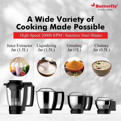 Butterfly Magnum 1.2HP Mixer Grinder with 4 Jars | 100% Copper Motor | 3 Stainless Steel Multipurpose Jars and 1 Juicer Jar | ABS Body | Handsfree Operation | Lifetime Motor Warranty| Black