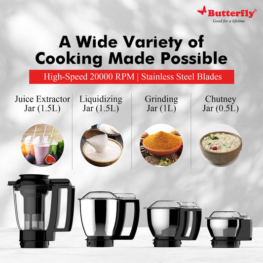Butterfly Magnum 1.2HP Mixer Grinder with 4 Jars | 100% Copper Motor | 3 Stainless Steel Multipurpose Jars and 1 Juicer Jar | ABS Body | Handsfree Operation | Lifetime Motor Warranty| Black