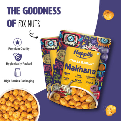 Happilo Premium Super Snack Makhana Chilli Garlic 60g (Pack Of 3), Roasted Foxnut Healthy Snack Low Calorie Gluten Free and Vegan