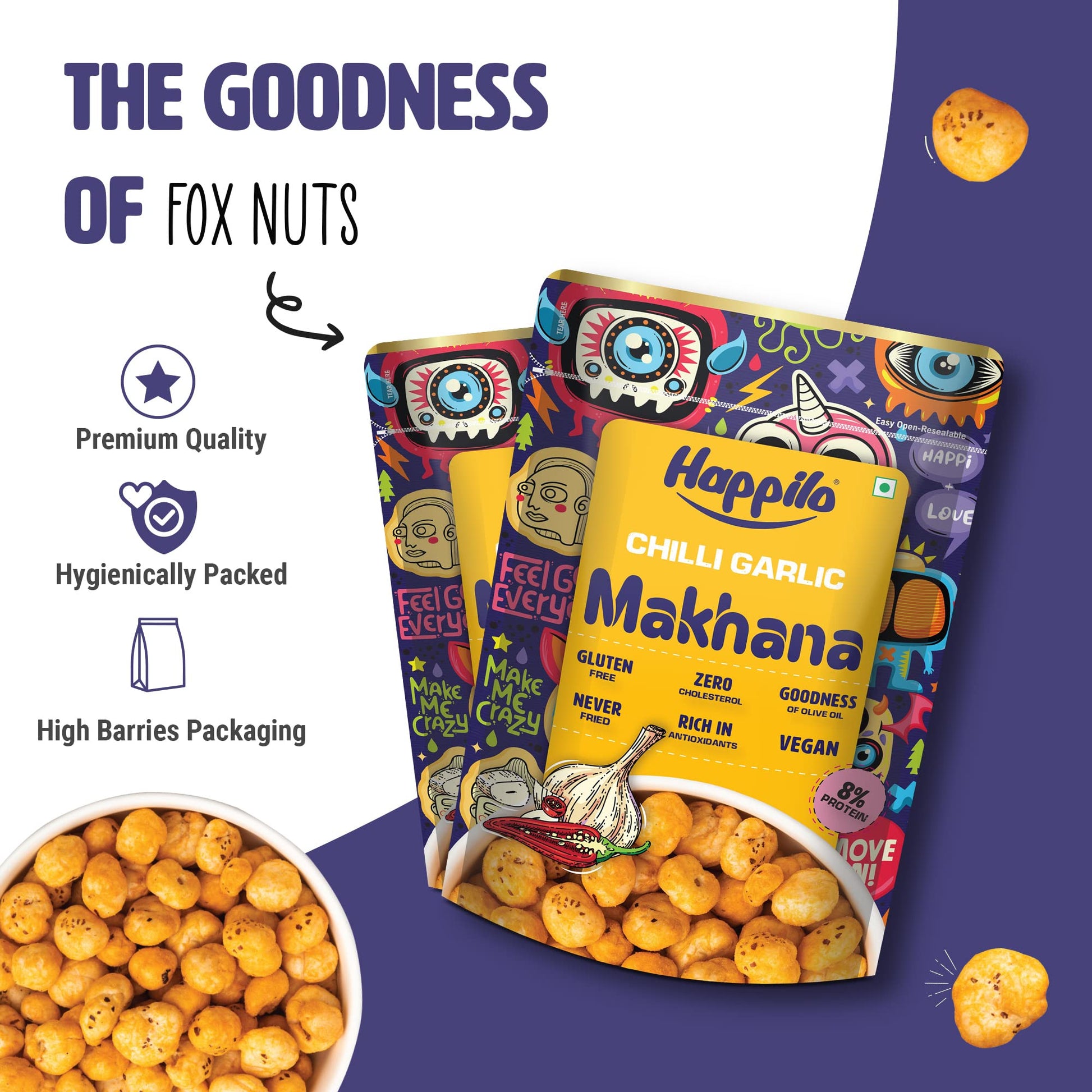 Happilo Premium Super Snack Makhana Chilli Garlic 60g (Pack Of 3), Roasted Foxnut Healthy Snack Low Calorie Gluten Free and Vegan