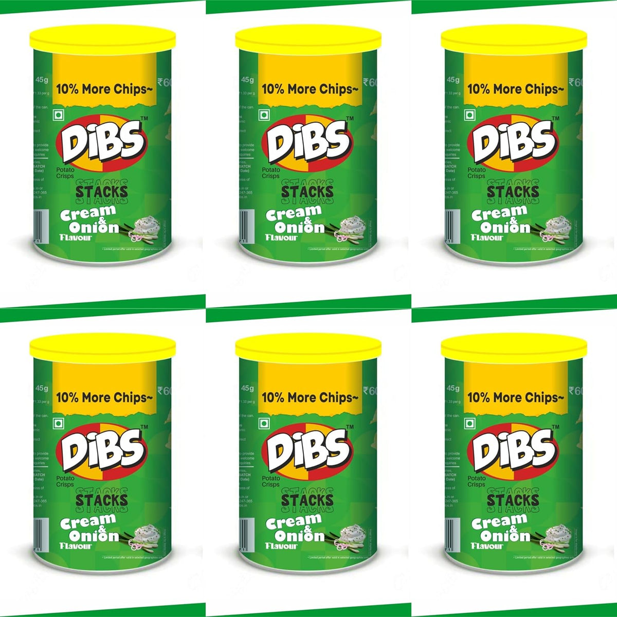 Dibs stacks (Pack of 6, 45 GM Each) Cream N Onion Potato Crisps Chips On the Go Adventure, Crunchy Healthy and Tasty Chips, Snacks Chips