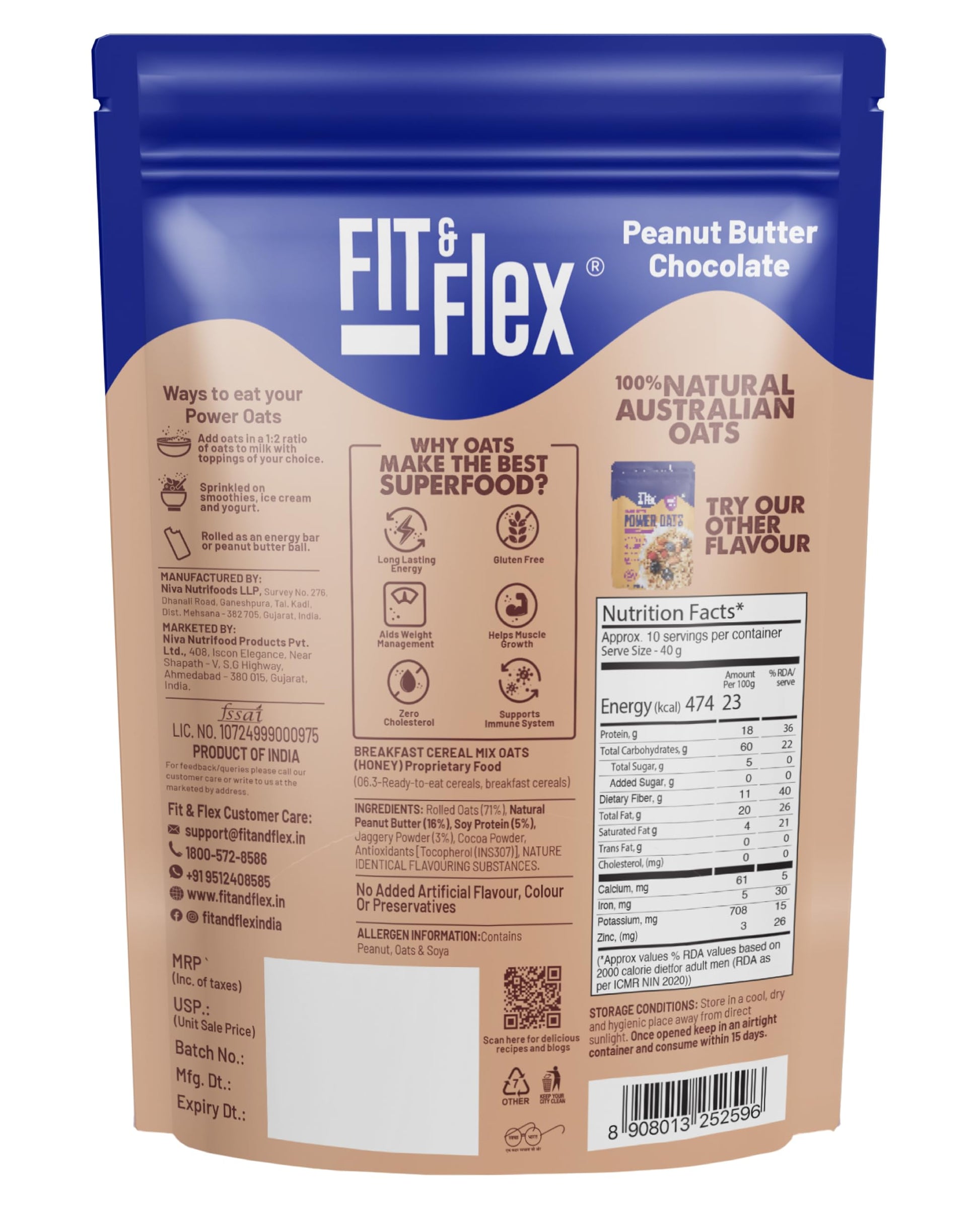 FIT & FLEX High Protein Ready To Eat Oats, Baked Peanut Butter Chocolate & Honey Oats, Zero Refined Sugar, Gluten Free & Preservative Free - As Seen on Shark Tank India - (400 g Each) Assorted Combo Pack of 2
