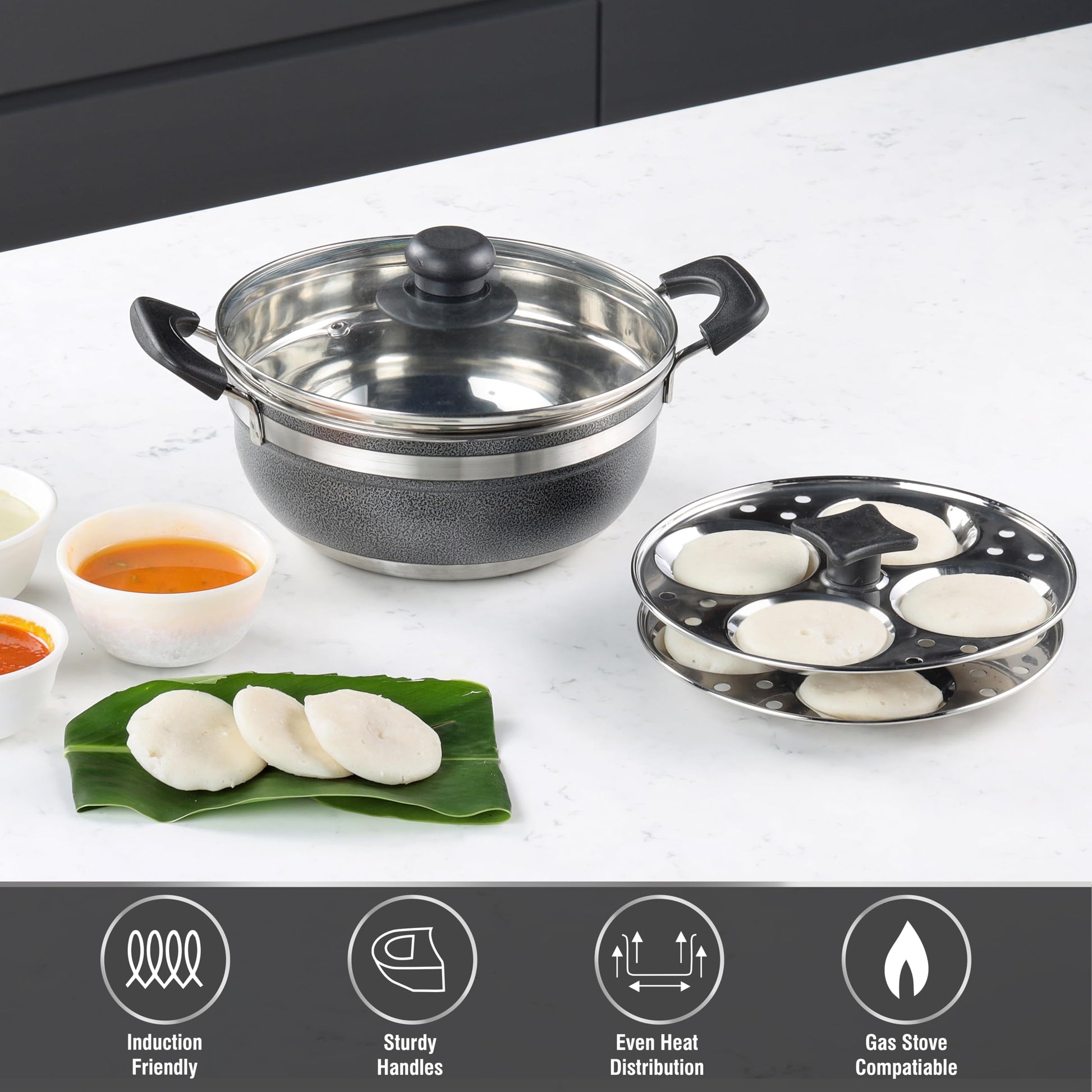 Cello Magna Stainless Steel Multi Kadai Idli cooker with Glass Lid & 2 Idli Plates | Multi-purpose use | Perfect for Frying, Sautéing, Roasting, Preparing sabjis | Dishwasher Safe