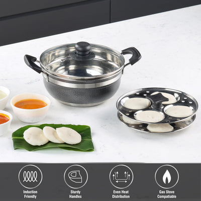 Cello Magna Stainless Steel Multi Kadai Idli cooker with Glass Lid & 2 Idli Plates | Multi-purpose use | Perfect for Frying, Sautéing, Roasting, Preparing sabjis | Dishwasher Safe