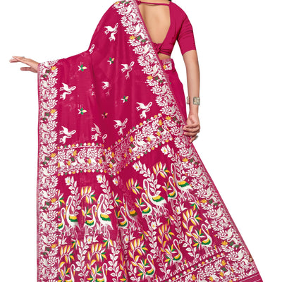 BROYAAR SHOP Jamdani Designer Cotton Blend Silk Saree for Women Without Blouse (Rani)