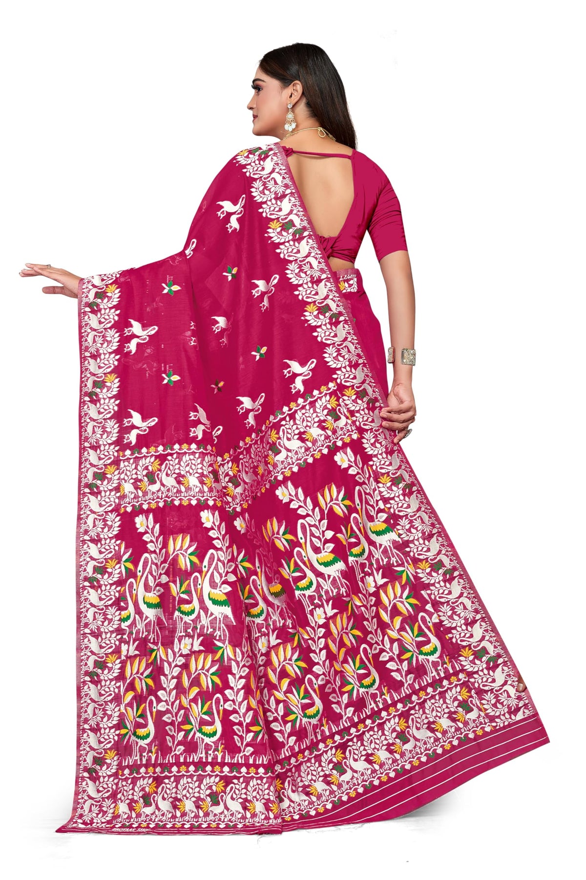 BROYAAR SHOP Jamdani Designer Cotton Blend Silk Saree for Women Without Blouse (Rani)