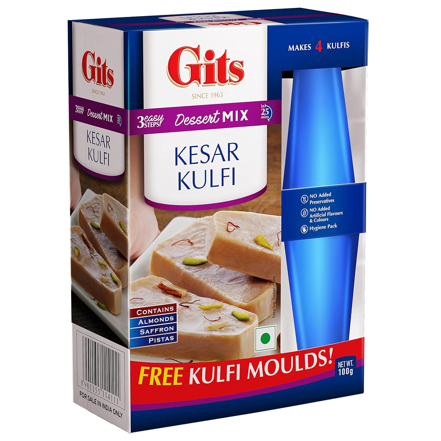 Gits Instant Kesar Kulfi Dessert Mix with Free Kulfi Moulds, 100g
