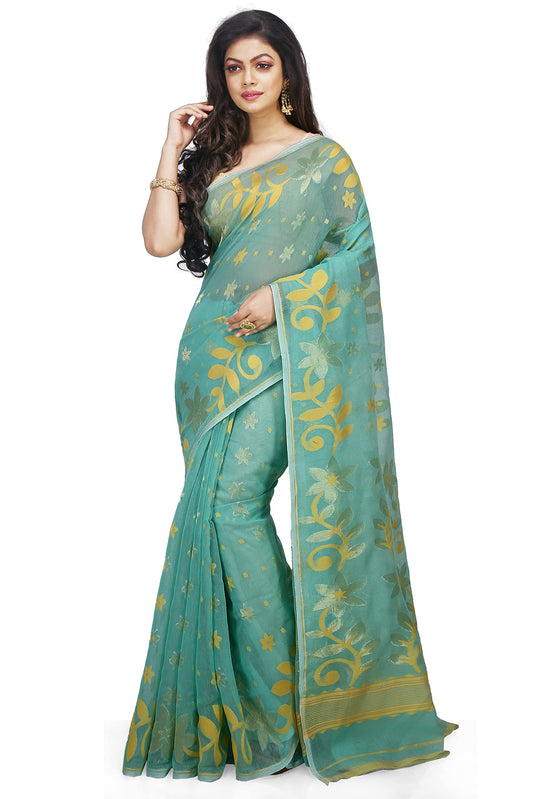 BENGAL HANDLOOM Women's Cotton Silk Flower Dhakai Allover Soft Jamdani Sarees, Blue