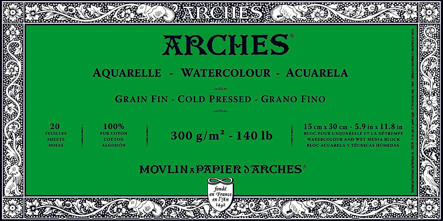 Arches Watercolour 300 GSM Cold Pressed Natural White 15 x 30 cm Paper Blocks, 20 Sheets